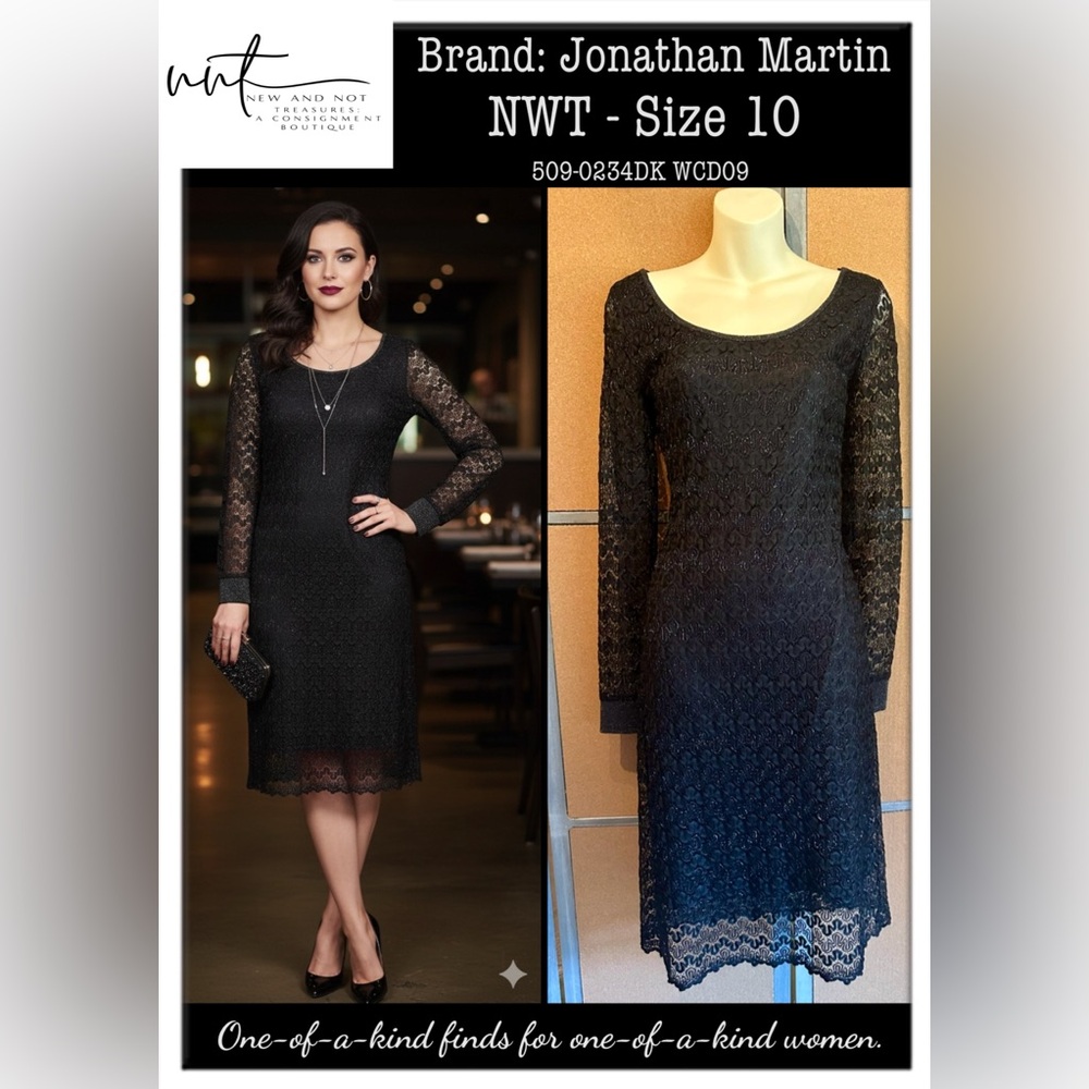 NWT Jonathan Martin Black Lace Metallic Sheath Dress Size 10 Stretch Lined